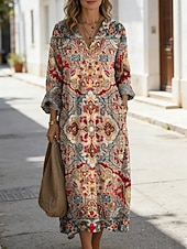 abordables Robes fleuries-Femmes Robe Midi Robe fourreau Occasionnel Quotidien Sortir Coupe Ample Fleuri Graphique Tropical manche longue Col en V Bleu Rose Claire Rouge Été Printemps