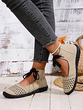 cheap Women's Flats-Women's Beige Perforated Lace-Up Comfort Shoes, Breathable Design, Flexible Non-Slip Sole for Walking, Travel and Everyday Casual Use