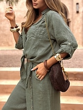 billige Blusedresser for kvinner-Dame Buksesett Bolero topp Langermet Skjortekrage Helfarge Mote Gatemote Avslappet Daglig utendørs Hvit Mørkegrønn Brun Sommer Løstsittende