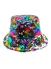 billiga Tillbehör-Kvinnors flerfärgad vändbar paljetthatt för Mardi Gras - glänsande diskokostymtillbehör för karneval rave och maskerad