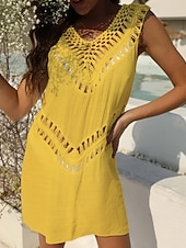 cheap Beach Dresses-Women's Swimwear Cover Up Swim Dress Dress Swimsuit Cut Out Vacation Beach Wear Solid Color V Neck Sleeveless Bathing Suits
