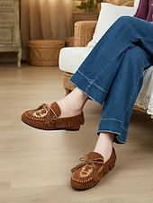 economico Slip-ons e mocassini da donna-Mocassini in suede da donna – Loafers ispirati al boho con frange e dettaglio lacci per uscite casual viaggi e abbigliamento quotidiano