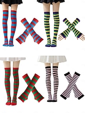 זול אביזרים-גרבי יום פטריק הקדוש לנשים &amp;סט מחממי ידיים, 4 חלקים ירוק &amp;גרביים שחורות מפוספסות עד הברך עם כפפות תואמות ללא אצבעות, אביזרי תחפושת מהנים לפסטיבל אירי לנשים &amp;בני נוער, מושלם עבור