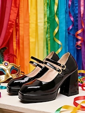 お買い得  女性の靴-女性用マルディグラ赤のパテントフェイクレザープラットフォームヒールにダブルバックルのメリージェーンシューズ - カーニバル、パレード、フェスティバルのお祝いに最適