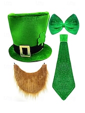 お買い得  アクセサリー-男性用聖パトリックの日のレプラコーンコスチュームアクセサリーセット、ポリエステル素材、バックル付きグリーンのトップハット、偽のひげ、蝶ネクタイとネクタイセット、パーティーや休日のお祝い