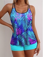 baratos Tankinis-Tankini Feminino de 2 Peças Maiô Palma Alta Sem Costas Férias Praia Vestuário Gráfico Geométrico U Decote Sem Mangas
