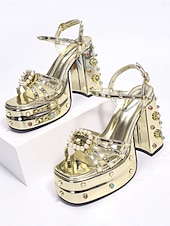 preiswerte Plattform Sandalen-Damen-Plateausandalen mit klobigem Absatz und Strasssteinen &amp;Perlenschnalle, glamouröse Metallic-Schuhe für Damen, perfekt für Partys im Nachtleben und Karnevalsfeiern.