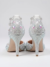 Χαμηλού Κόστους Νύφη-Πολυτελείς γόβες νύφης από κρύσταλλο – λαμπερά νυφικά παπούτσια με στρας και αλυσίδα για λαμπερή αίθουσα χορού και πολυτελή τελετή