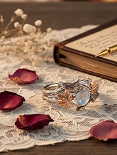 abordables Día de San Valentín-Anillo de rama de hoja de arce con piedra lunar de inspiración natural: anillo de compromiso bohemio vintage para mujer, joyería única para bodas y regalos
