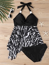 abordables Tankinis-Tankini pour femmes 2 pièces maillot de bain léopard culotte taille haute contrôle du ventre dos nu vacances plage floral en V sans manches