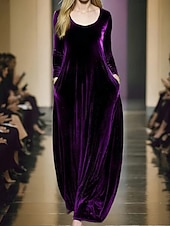 tanie Prosta sukienka-Damskie Długa sukienka sukienka maxi Sukienki z bawełny i lnu Sukienka trapezowa Aksamitna sukienka Sukienka na studniówkę Elegancja Moda Wieczorna impreza Impreza Specjalne okazje Luźna Równina