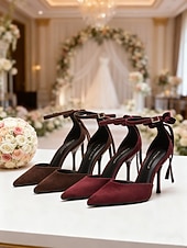 economico Invitato al matrimonio-scarpe con tacco alla caviglia in pelle scamosciata color carne da donna: eleganti décolleté a punta stiletto per matrimoni al chiuso, invitati a nozze e scarpe eleganti per feste formali