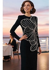 economico Abiti da sera a tubino-Abito a tubino colonna lungo fino al pavimento abiti formali abito da sera abito da sera elegante maniche lunghe scollo tondo formale con cristalli e perline