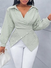 preiswerte Streifen- und geometrische Blusen-Damen Bluse Elegante Oberteile Gerafft Knöpfe Druck Einfach Gestreift Elegant Vintage Täglich Langarm Hemdkragen Normale Oberteile Täglich Arbeit Ferien Schwarz Rosa Himmelblau Grün Sommer Frühling