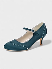 economico Madre della Sposa/Sposo-Mary Jane in raso blu navy da donna: eleganti scarpe da sposa con borchie di cristalli e tacco a gattino per la madre della sposa, cerimonie in chiesa ed eventi formali