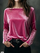 billige Plain t-skjorte-Dame Bluse Rynket Helfarge Årgang Fritid Langermet Crew-hals Vanlige topper Daglig Blå Salvie Grøn Rosa Vin Brun Vår Høst Vinter