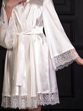 billiga Onesies till damer-Dam Morgonrock Ledigt Mjukt Satin Ren färg Spets Dagligen Hem Säng Långärmad V-hals Silver Svart Vit Rodnande Rosa Vin Sommar Vår Lös passning