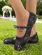 baratos noiva-Sapatilhas Mary Jane femininas em renda marfim com tira elástica, elegantes e confortáveis, perfeitas para noivas e convidadas em casamentos e eventos ao ar livre. &amp;cerimônias no gramado