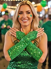 Недорогие День Святого Патрика-Женские полиэстеровые перчатки с пайетками на пальцах и рукавах, комплект из 2 пар, различные цвета, идеально подходят для Дня Святого Патрика и вечеринок, блестящие и стильные.