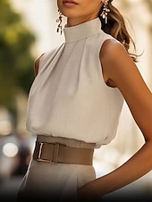 Недорогие Нарядные блузки-Жен. Рубашка Elegant Сатин / атлас Летние вершины Рюши Плиссировка Пэчворк Сплошной цвет Полотняное плетение Элегантный стиль Винтаж Дамы Без рукавов Вырез под горло Обычные топы