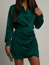 abordables mini robe noire-Femmes Mini Robe Robe en Satin Robe Chemise Robe froncée Moderne Quotidien Sortir Week-end Coupe régulière Uni manche longue Col de chemise Noir Vert foncé Marron Rose rouge Printemps Automne