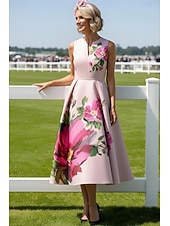  Ligne A Longueur thé Robe de Derby Robe de Mère de Mariée  Sans manches Col en V Élégant ancien Kentucky Derby Satin avec Fleur Imprimé