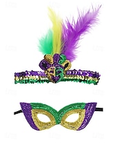 levne Příslušenství-Dámská souprava masky a čelenky na karneval Mardi Gras z polyesteru s flitry – živé barvy s peřím ideální pro karneval a maškarní večírky