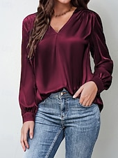 cheap Dressy Blouses-Women's Shirt Elegant Satin Top Blouse Ruched Plain Vintage Stylish Long Sleeve V Neck Regular Tops Holiday Going out Black White Wine Apricot Summer Spring