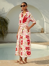 cheap Casual Dress-Abstract Floral Print Long Shirt Maxi Dress Vacation Casual