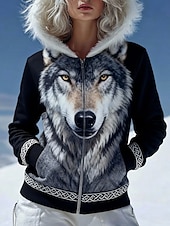 Χαμηλού Κόστους Boho Τοπς-Γυναικεία Φούτερ με φερμουάρ Pullover Τσέπη Στάμπα Γραφική Ζώο Βίντατζ Καθημερινό Μακρυμάνικο Με Κουκούλα γούνινος γιακάς Κανονικά μπλουζάκια Causal Καθημερινή Ένδυση Μαύρο Άνοιξη Φθινόπωρο Χειμώνας