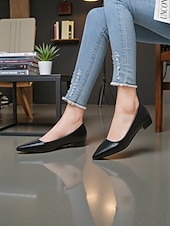cheap Women's Flats-Women's Elegant White Pointed Toe Flats with Low Block Heel, Comfortable and Stylish Footwear for Casual or Office Wear