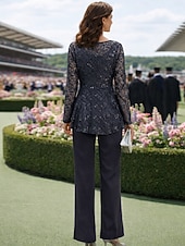 baratos Terninhos de calça da mamãe-Duas Peças Terninho Longo Vestido Para Mãe dos Noivos Manga Longa Scoop pescoço Elegante Formal Convidado do casamento Noite Formal Chiffon Renda com Lantejoulas