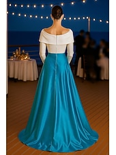 cheap A-Line Evening Dresses-A-Line Floor Length Evening Gown Ball Gown Formal Dress Elegant Color Block Silky Long Sleeve Off Shoulder Wedding Formal Pocket Satin with Pleats Pocket Shouder Flower