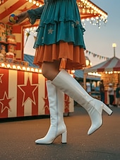 tanie Buty damskie-Wysokie botki z czerwonego lakierowanego syntetycznego materiału na obcasie blokowym – odważne i błyszczące obuwie na karnawał imprezy i uroczystości