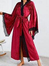 cheap Women's Onesies-Women's Robe Casual Soft Satin Pure Color Lace Patchwork Daily Home Bed Long Sleeve V Neck Black White Wine Summer Spring Loose Fit