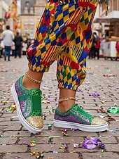 levne Dámská obuv-Dámské fialové třpytivé slip-on tenisky na Mardi Gras – Třpytivé boty pro hudební festivaly karnevalové párty a výrazné pouliční oblečení