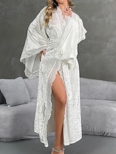 cheap Women's Onesies-Women's Robe Casual Soft Satin Pure Color Lace Patchwork Daily Home Bed Long Sleeve V Neck Black White Wine Summer Spring Loose Fit