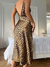 economico Camicie da notte e pigiami da donna-Per donna Camicia da Notte Casual Morbido Raso Leopardo Senza schiena Vestiti Quotidiano Casa Da letto Senza Maniche Spalline Nero Rosa Rosso Blu marino Marrone Estate Vestibilità regolare