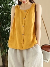 olcso Luxus ingek-Női Pamut vászon mellény Fodrozott Gombok Tömör szín Stílusos Alap Alkalmi Ujjatlan Szögletes Normál felsők Napi Medence Sárga Barna Nyár Tavasz
