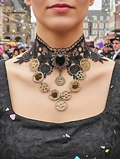 お買い得  アクセサリー-ウィメンズ マルディグラ ブラック レース スチームパンク チョーカーネックレスとブレスレットセット - ゴシックコスプレ、カーニバル、ハロウィンコスチューム用の合金ギアと時計ペンダント