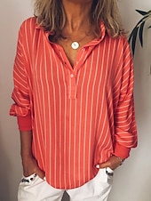 billige Enkle bluser-Dame Bluse Knapper Trykt mønster Stripet Stilfull Fritid Langermet Skjortekrage Vanlige topper Daglig Blå Gul Rød Grønn Vår Høst