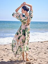 お買い得  バケーションドレス-シフォンボタニカルプリントのゆったりとしたマキシドレス、バケーション