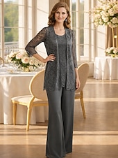 economico Tailleur pantalone della mamma-Tuta Completo Pantalone Tre Pezzi Lunghezza al pavimento Abito da cerimonia per signora Senza Maniche Collo gioiello Elegante Taglie Forti Con Stola Formale Ospite di nozze Ricevimento di matrimonio