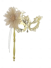 tanie Akcesoria-Złota maska do balu maskowego weneckiego z filigranem i ozdobnym kwiatem – elegancki dodatek do kostiumu weneckiego na imprezy i bale
