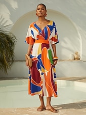 Недорогие повседневное платье с принтом-Летнее макси-платье из атласа с геометрическим принтом в стиле колор-блок.