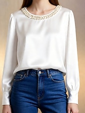 baratos Tops e partes de baixo de dormir para mulher-Mulheres Blusa Tops elegantes Franzido Patchwork Com Miçangas Côr Sólida Tecido Elegante senhoras à moda Manga Longa Gola Redonda Tops regulares Diário Trabalho Para Noite Preto Branco Verde Damasco