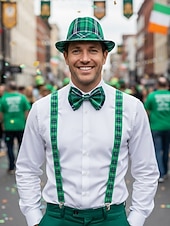 abordables Accesorios-Conjunto de accesorios para disfraz de San Patricio para hombre: sombrero, pajarita y tirantes a cuadros verdes, poliéster con múltiples estampados, ideal para desfiles y fiestas irlandesas.