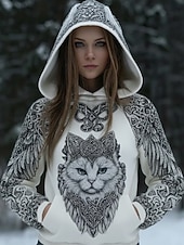 economico Top Viking-Per donna Felpa con cappuccio Patchwork Stampato Tasca Frontale Grafico Animale Geometrico Vintage Casual Boho Manica Lunga Con Cappuccio Top Regolari Casuale Streetwear Abbigliamento Quotidiano Nero