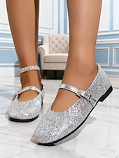 cheap Women's Flats-Women's Sparkly Mary Jane Flats - Sequin Glitter Ballet Shoes with Adjustable Strap, Comfortable Everyday Style for Casual Outfits- Walking &amp;Daily Wear