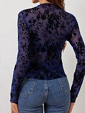 economico Top in Pizzo-Per donna Blusa Rete Floreale Elegante Manica Lunga Collo Alto Top Regolari Quotidiano Ferie Uscire Nero Blu marino Estate Primavera